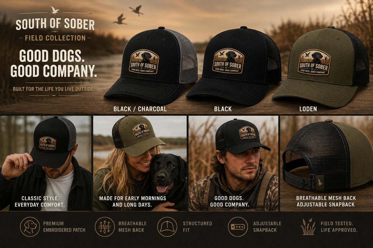 The Good Dogs. Good Company. Trucker Hat features a richly embroidered South of Sober sporting badge with a Lab front and center, framed by waterfowl, marsh grass, and warm field-inspired tones. Set against a classic black front and contrasting mesh back, it’s an easy everyday hat built for the blind, the boat, the back roads—and the beer afterward.
