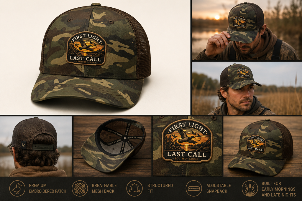 First Light. Last Call. Camo Trucker Hat